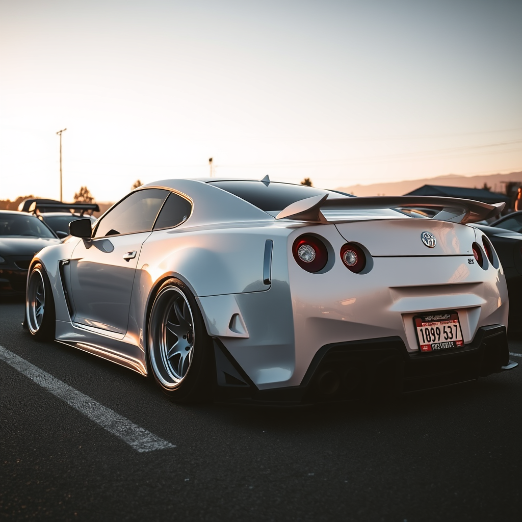 Heavily modified wide-body Japanese sport coupe at a car meet, golden hour